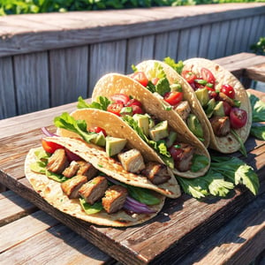 Tacos with vibrant, fresh ingredients, overflowing with savory meats, crisp lettuce, juicy tomatoes, and topped with melting cheese, served on a rustic wooden table, outdoor sunny Mexican street market ambiance. 