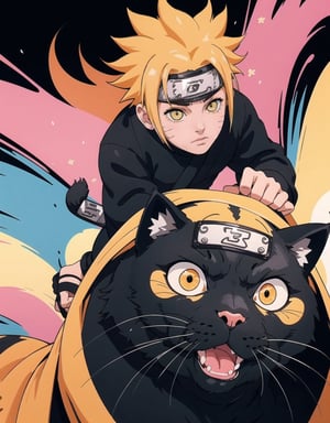 ((Naruto Uzumaki Riding a giant fat fluffy cat)) , shining eyes , twin_braid , black hair , little girl, 7 years Naruto, simple wearing headband and orange robe, intricate details, 32k digital painting, hyperrealism, (vivid color),(abstract background:1.3), (colorful:1.3), (flowers:1.2), (zentangle:1.2), (fractal art:1.1) , parted bangs, SUPER HIGH quality, in 8K , intricate detail, ultra-detailed,chibi, Naruto clear head band, village leaf ninja, head_band 