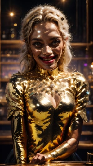 Highly detailed, High Quality, Masterpiece, beautiful, DisintegrationEffect a gold and goldy white sculpture of pure joker in bar brinking expensive whiskey,High detailed ,glitter, glitter_force, smiling with gently 