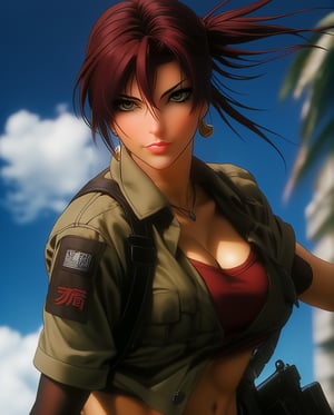 Full Angry revy from "black lagoon",女孩,旗袍,Dream, in the style of yuumei, realistic hyper - detailed rendering, yumihiko amano, zhang jingna, wiccan, trace monotone, rtx on ,細緻的背景,indian boy, various poses , 1boy, revy style in black lagoon anime, revy,