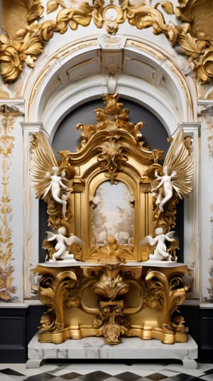 a gold and white sculpture of angels surrounded by angels, mat collishaw, baroque wallpaper, baroque marble and gold in space, baroque aesthetics, lavish rococo baroque setting, intricate rococo ornamentation, flesh highly baroque ornate, rococo and baroque styles, in a luminist baroque style, luminist and baroque style, baroque art style, black metal rococo