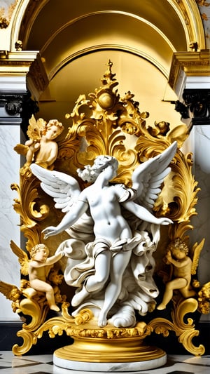 a gold and white sculpture of angels surrounded by angels, mat collishaw, baroque wallpaper, baroque marble and gold in space, baroque aesthetics, lavish rococo baroque setting, intricate rococo ornamentation, flesh highly baroque ornate, rococo and baroque styles, in a luminist baroque style, luminist and baroque style, baroque art style, black metal rococo