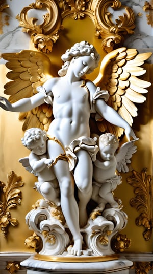 a gold and white sculpture of angels surrounded by angels, mat collishaw, baroque wallpaper, baroque marble and gold in space, baroque aesthetics, lavish rococo baroque setting, intricate rococo ornamentation, flesh highly baroque ornate, rococo and baroque styles, in a luminist baroque style, luminist and baroque style, baroque art style, black metal rococo