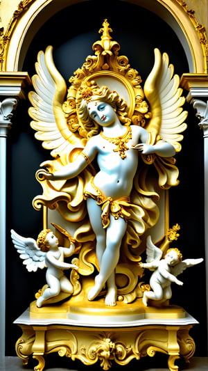 Highly detailed, High Quality, Masterpiece, beautiful, DisintegrationEffect a gold and goldy white sculpture of pure ancient gold lord Krishna surrounded by angels, mat collishaw, baroque wallpaper, baroque marble and gold in space, baroque aesthetics, lavish rococo baroque setting, intricate rococo ornamentation, flesh highly baroque ornate, rococo and baroque styles, in a luminist baroque style, luminist and baroque style, baroque art style, black metal rococo g