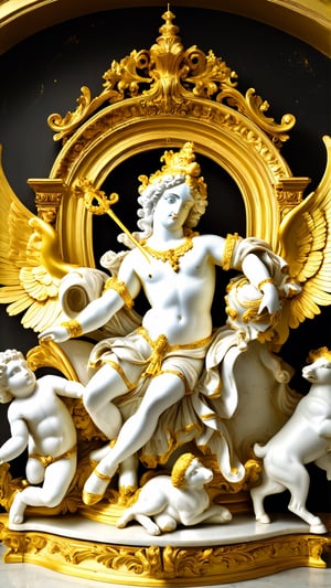 Highly detailed, High Quality, Masterpiece, beautiful, DisintegrationEffect a gold and goldy white sculpture of pure ancient gold lord Krishna surrounded by angels, mat collishaw, baroque wallpaper, baroque marble and gold in space, baroque aesthetics, lavish rococo baroque setting, intricate rococo ornamentation, flesh highly baroque ornate, rococo and baroque styles, in a luminist baroque style, luminist and baroque style, baroque art style, black metal rococo g