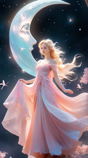 a woman in a pink dress standing in front of a moon, stunning 3d render of a fairy, magical fairy floating in space, beautiful fantasy painting, very beautiful fantasy art, beautiful fantasy art, beautiful fantasy maiden, blonde girl in a cosmic dress, fairy cgsociety, astral fairy, digital fantasy art ), cgsociety 9, by Nele Zirnite