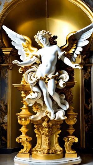 a gold and white sculpture of angels surrounded by angels, mat collishaw, baroque wallpaper, baroque marble and gold in space, baroque aesthetics, lavish rococo baroque setting, intricate rococo ornamentation, flesh highly baroque ornate, rococo and baroque styles, in a luminist baroque style, luminist and baroque style, baroque art style, black metal rococo