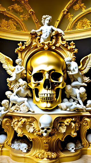 a gold and goldy white sculpture of pure ancient gold skull surrounded by angels, mat collishaw, baroque wallpaper, baroque marble and gold in space, baroque aesthetics, lavish rococo baroque setting, intricate rococo ornamentation, flesh highly baroque ornate, rococo and baroque styles, in a luminist baroque style, luminist and baroque style, baroque art style, black metal rococo