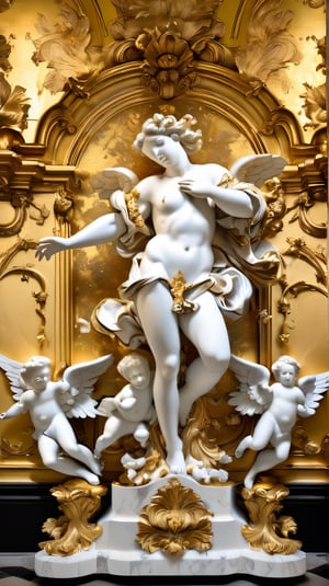 a gold and white sculpture of angels surrounded by angels, mat collishaw, baroque wallpaper, baroque marble and gold in space, baroque aesthetics, lavish rococo baroque setting, intricate rococo ornamentation, flesh highly baroque ornate, rococo and baroque styles, in a luminist baroque style, luminist and baroque style, baroque art style, black metal rococo