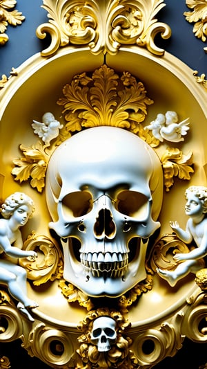 Highly detailed, High Quality, Masterpiece, beautiful, DisintegrationEffect a gold and goldy white sculpture of pure ancient gold skull surrounded by angels, mat collishaw, baroque wallpaper, baroque marble and gold in space, baroque aesthetics, lavish rococo baroque setting, intricate rococo ornamentation, flesh highly baroque ornate, rococo and baroque styles, in a luminist baroque style, luminist and baroque style, baroque art style, black metal rococo 