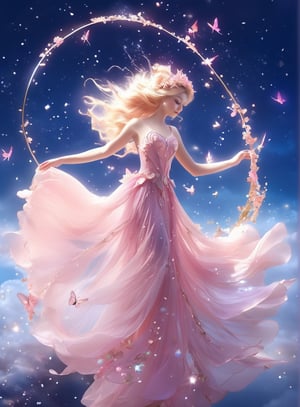 a woman in a pink dress flying through the air, magical fairy floating in space, fairy cgsociety, very beautiful fantasy art, stunning 3d render of a fairy, astral fairy, beautiful fantasy art, beautiful fantasy maiden, beautiful fantasy painting, fairy magnificent, beautiful fairie, beautiful fairy, the fairy queen, faerie, fairy aesthetics, fantasy beautiful,4nime style