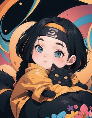 ((Riding a giant fat fluffy cat)) , shining eyes , twin_braid , black hair , little girl, 7 years Naruto, simple wearing headband and orange robe, intricate details, 32k digital painting, hyperrealism, (vivid color),(abstract background:1.3), (colorful:1.3), (flowers:1.2), (zentangle:1.2), (fractal art:1.1) , parted bangs, SUPER HIGH quality, in 8K , intricate detail, ultra-detailed,chibi,
