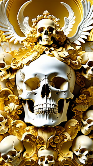 Highly detailed, High Quality, Masterpiece, beautiful, DisintegrationEffect a gold and goldy white sculpture of pure ancient gold skull surrounded by angels, mat collishaw, baroque wallpaper, baroque marble and gold in space, baroque aesthetics, lavish rococo baroque setting, intricate rococo ornamentation, flesh highly baroque ornate, rococo and baroque styles, in a luminist baroque style, luminist and baroque style, baroque art style, black metal rococo 