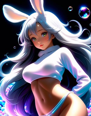 the fur beautiful, body, full body, fluff skin,fantasy, subsurface scattering, perfect anatomy,  glow, bloom, Bioluminescent liquid,zen style,Movie Still, cold color, vibrant, volumetric light (masterpiece, top quality, best quality, official art, beautiful and aesthetic:1.2), (1girl),extreme detailed,(abstract, fractal art:1.3),colorful hair,highest detailed, detailed_eyes, snowing, smoke bubbles, light_particles,lop-eared bunny girl,babyface, perfect body, five fingers, perfect hands, anatomically perfect body, sexy posture,(black eyes),(gray hair), very long hair, long white fur sweater dress,white fur bike_shorts,kemono,dynamic angle,depth of field, hyper detailed, highly detailed, beautiful, small details, ultra detailed, best quality, 4k,((whole body))