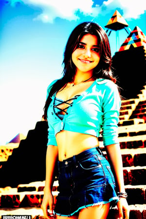 Tania 19 years old Mexican schoolgirl, xxmix_girl,portrait of a woman,full body shoot, full body, normal boobs, cleavage, realistic, smile, FilmGirl,b3rli,3d style, Aztec pyramids 
 background