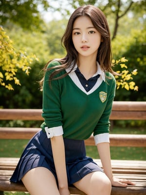 A schoolgirl walks near a bench in the park with green leafs,  wavy hair,    perfect composition,  hyperrealistic,  super detailed,  8k,  high quality,  sharp focus,  studio photo,  intricate details,  highly detailed,  seductive pose,  flirting to camera