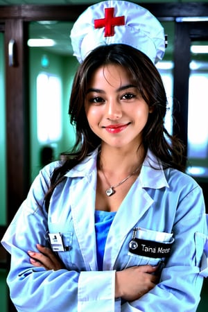 Tania Mexican sexy nurse girl, xxmix_girl,portrait of a woman,full body shoot, full body, normal boobs, cleavage, realistic, smile, FilmGirl,b3rli,3d style, hospital 
 background