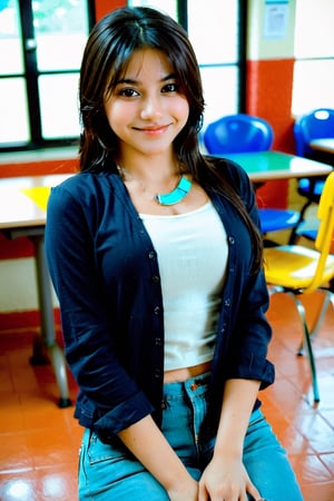 Tania 19 years old Mexican schoolgirl, xxmix_girl,portrait of a woman,full body shoot, full body, normal boobs, cleavage, realistic, smile, FilmGirl,b3rli,3d style, classroom 
 background