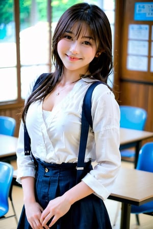 Tania 19 years old japanese schoolgirl, xxmix_girl,portrait of a woman,full body shoot, full body, big boobs, cleavage, realistic, smile, FilmGirl,b3rli,3d style, classroom background