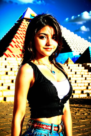 Tania 19 years old Mexican schoolgirl, xxmix_girl,portrait of a woman,full body shoot, full body, normal boobs, cleavage, realistic, smile, FilmGirl,b3rli,3d style, Aztec pyramids 
 background