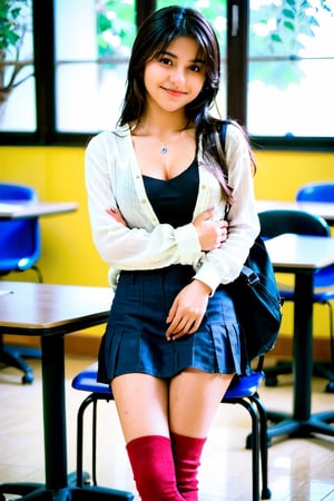 Tania 19 years old Mexican schoolgirl, xxmix_girl,portrait of a woman,full body shoot, full body, normal boobs, cleavage, realistic, smile, FilmGirl,b3rli,3d style, classroom 
 background