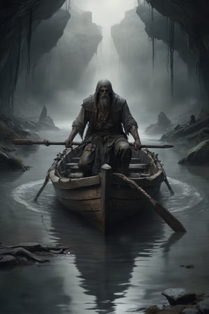 Charon in his boat crosses a river in some underground chains to the other side of the afterlife with his crew who are very scared.