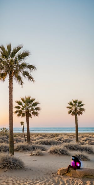 A serene desert landscape at sunset, with a majestic palm tree standing tall in the foreground. A lone monkey traveler, wearing trendy sunglasses , sits in contemplation on a rock, surrounded by the warm glow of the setting sun. The sandy dunes stretch out behind them, fading into the horizon's subtle blue haze, evoking a sense of isolation and peaceful reflection.,photorealistic