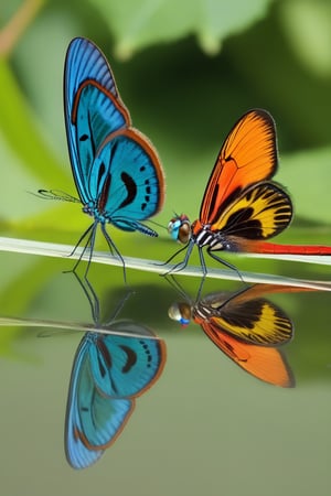 A beautiful and large colorful butterfly is reflected in a mirror and what is seen on the other side is the shape of a dragonfly