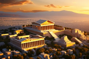 Aerial perspective of an ancient Greek city, reminiscent of Athens in its heyday. The sprawling metropolis unfolds like a golden-hued puzzle, with terracotta rooftops and white marble structures blending harmoniously. The Acropolis stands tall, its iconic Parthenon glowing softly under the warm light of sunset.