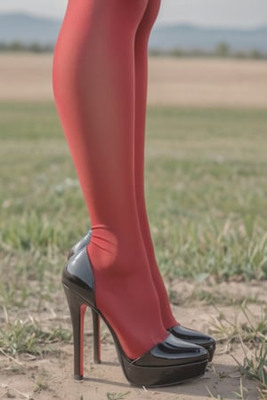 chica con lenceria roja en la pradera con pechos enormes,mostrar los pies con tacones altos, cabello negro de cola de caballo