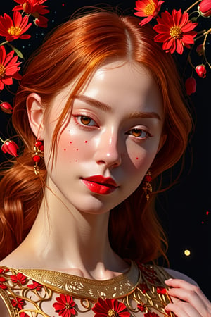 (1girl, face focus, medium shot, gracefully, golden petals and red flowers form intricate patterns against the backdrop of the moon, reminiscent of the styles of Da Vinci), Detailed texture, High quality, High resolution, High precision, Realism, Color correction, Proper lighting settings, Harmonious composition, Behance Works,detail-rendering,Watercolor,Realistic Enhance,redhead
