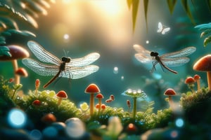 Create an enchanting whimsical fairy garden scene, where delicate plants and tiny mushrooms are adorned with sparkling dewdrops under a soft morning light. The composition captures glittering dragonflies in mid-flight, adding a dynamic element to the serene, lush setting. The framing focuses on the intricate details of the miniature landscape, inviting viewers into a magical, hidden world.