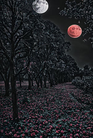 black roses, red moon, dried trees, dark atmosphere, beutiful butterfly