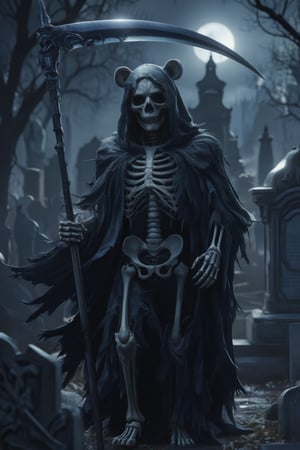 In the dimly lit ambiance of a shadowy graveyard, a haunting figure emerges, draped in a tattered, black cloak that billows softly in the chilly night breeze. The bear-skeletal visage, devoid of flesh yet unnervingly detailed, glows with an eerie luminosity, emphasizing the hollow sockets of its eyes that seem to draw in the surrounding darkness. In its bony hand, it wields a long, gleaming scythe, the blade sharp and glistening under the pale light of a waning moon, reflecting a haunting silver sheen. As tendrils of fog curl around the weathered tombstones scattered across the uneven ground, the air is thick with an underlying tension, as if the very essence of life is hesitant to linger. The faint rustle of dry leaves whispers secrets from beyond the grave, while the acrid scent of damp earth and decay lingers in the atmosphere. This figure embodies an aura of both foreboding and inevitability, a spectral presence that commands reverence as it glides silently through the cemetery, shadowing the path of those who have crossed the veil between life and death,Enhanced all,Vshorror,dream3d