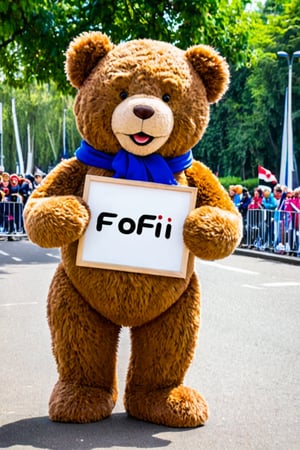 a big Teddy bear holding a board with the text saying "FOFI" smiling, daytime