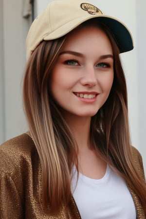 4k,best quality,masterpiece,1girl,(cropped jacket),(demin pant), smile,baseball cap,

(Beautiful and detailed eyes),
Detailed face, detailed eyes, double eyelids ,thin face, real hands,
((short hair with long locks:1.2)),brown-hair, white background,


real person, color splash style photo,
