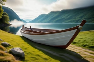 8k breathtaking view of a shored Viking Boat laying on grass, Njardar (Sognefjord) , milky haze, morning lake mist, masterpiece, award-winning, professional, highly detailed in yvonne coomber style, undefined