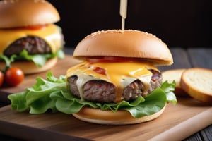 A mouth-watering closeup magazine quality shot, Gourmet Burger with a juicy beef patty, melted cheddar cheese, fresh lettuce, tomato, and a toasted brioche bun on a wooden board. High resolution photography in the style of professional color grading, soft shadows, high-quality food photography, advertising commercial photography