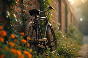 Soft focus on an antique bicycle's weathered frame against a centuries-old brick wall, vines snaking across aged stones, and riotous flowers bursting from weeds. Rusty tires and faded paint evoke patina. Morning light casts warm glow, misty droplets glistening on damp earth after recent rain. The bicycle's rusty hinges seem to sigh in harmony with the gentle morning mist.