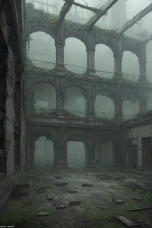 The image portrays a haunting and surreal scene set in an eerie, abandoned courtyard of a dilapidated building. The overall atmosphere is imbued with a greenish, foggy mist, enhancing the unsettling mood.