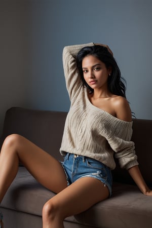 A beautiful blonde-black hair woman lounging on a sofa, wearing a loose, off-the-shoulder sweater and denim shorts, her legs slightly bent and one arm resting behind her head, gazing seductively at the viewer, low ambient lighting, casual yet sensual.
