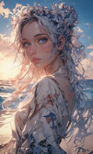 Real picture A serene woman with deep blue eyes and long, flowing hair decorated with a crown of daisies. She is dressed in a simple, white cotton dress. The background shows a blurred beach scene with gentle waves and a golden sunset.,Shinobu_RT_flux