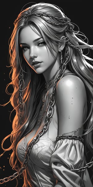 Black and white sketch, realistic, female, granblue fantasy (style), long flowing hair,  chains, (((splashes of neon colors))), neon colors