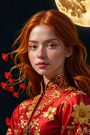 (1girl, face focus, medium shot, gracefully, golden petals and red flowers form intricate patterns against the backdrop of the moon, reminiscent of the styles of Da Vinci), Detailed texture, High quality, High resolution, High precision, Realism, Color correction, Proper lighting settings, Harmonious composition, Behance Works,detail-rendering,Watercolor,Realistic Enhance,redhead
