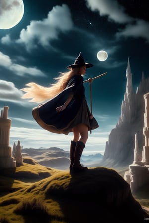 masterpiece, best quality, ultra-detailed, illustration, 1girl, solo, fantasy, flying, broom, night sky, outdoors, magic, spells, moon, stars, clouds, wind, hair, cape, hat, boots, broomstick, glowing, mysterious, enchanting, whimsical, playful, adventurous, freedom, wonder, imagination, determination, skill, speed, movement, energy, realism, naturalistic, figurative, representational, beauty, fantasy culture, mythology, fairy tales, folklore, legends, witches, wizards, magical creatures, fantasy worlds, composition, scale, foreground, middle ground, background, perspective, light, color, texture, detail, beauty, wonder.
