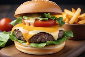 A mouth-watering closeup magazine quality shot, Gourmet Burger with a juicy beef patty, melted cheddar cheese, fresh lettuce, tomato, and a toasted brioche bun on a wooden board. High resolution photography in the style of professional color grading, soft shadows, high-quality food photography, advertising commercial photography