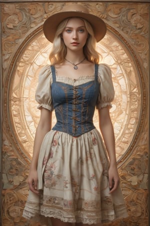 art nouveau style,flat Illust,beautiful blonde lady, Official Art, Art Station, Beautiful and Aesthetic, One Girl, Highly Detailed, (patchwork style dress), A Scandinavian woman of supernatural beauty, Full body, looking at the viewer, (model pose: 1), cowboy shot,photo_b00ster