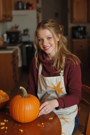 Michelle Trachtenberg sits at a wooden kitchen table, carving a Halloween pumpkin with a warm and inviting atmosphere. Her shoulder-length blonde hair is tied back in a ponytail, with a few stray strands framing her face. A white apron is wrapped around her waist, stained with orange and yellow pumpkin residue from the carving process. The camera captures a cozy and playful moment, blending eerie and whimsical tones as Michelle's bright smile suggests excitement for the Halloween celebration.