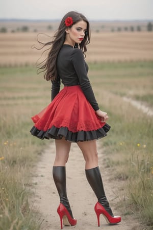 chica con lenceria roja en la pradera con pechos enormes,mostrar los pies con tacones altos, cabello negro de cola de caballo