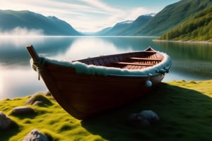 8k breathtaking view of a shored Viking Boat laying on grass, Njardar (Sognefjord) , milky haze, morning lake mist, masterpiece, award-winning, professional, highly detailed in yvonne coomber style, undefined